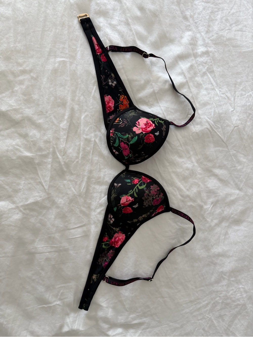 Victoria's Secret Black Floral Bikini Top with Pink and Green Accents